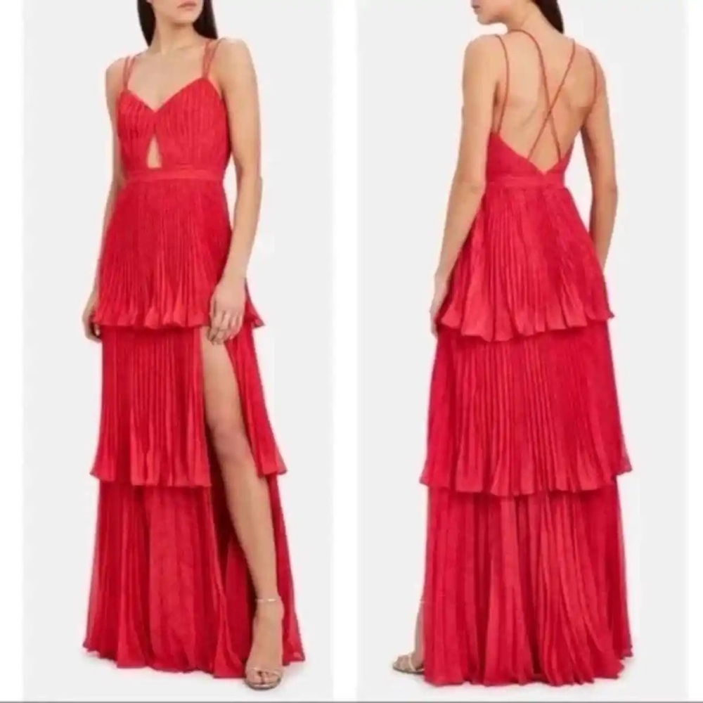AMUR Dominique pleated lace, print, tiered maxi dress pink/red Size 0